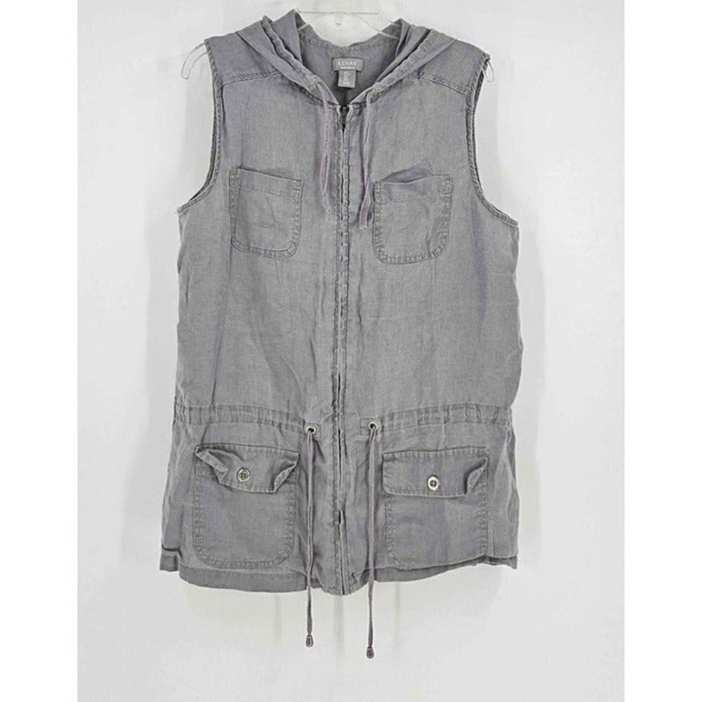 Kenar 100% Linen Hooded Vest Zip Front Pockets Drawstring Waist Light Gray Lg